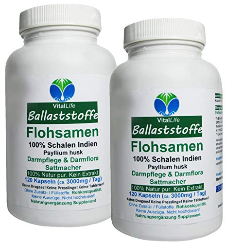 BALLASTSTOFFE Flohsamenschalen gemahlen 240 (2x120) Pulver Kapseln Premium INDIEN. Mega FREUDE für Darmbakterien. WICHTIG für Darmpflege + Darmflora + Verdauung. Ohne ZUSATZSTOFFE. 26615-2