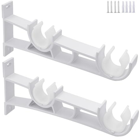 Double Curtain Pole Bracket White Curtain Rod Hooks Pole Holders for 1 inch Rod, Wall Mounted Curtain Brackets Rod Supports, 2 Pack
