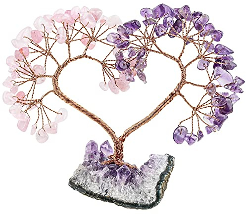 KYEYGWO Herz Kristallbaum Figuren Drusestück Base, Amethyst & Rosenquarz | Reiki Edelsteinbaum Bonsai Natürlichen Rohstück Basis Heilung Ornament für Hochzeit Glück Gesundheit Reichtum FengShui Deko