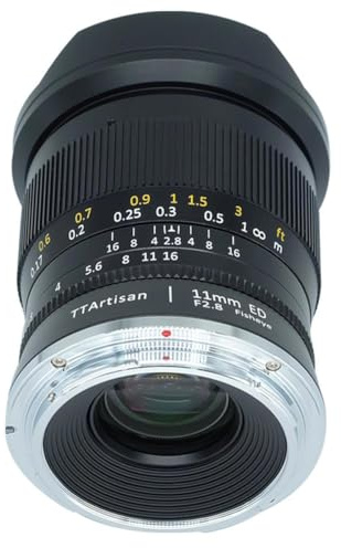 TT Artisan - Objetivo de Ojo de pez (11 mm, Conector f 2.8, Lente Ultra Gran Angular para Formato Completo en Carcasa de Aluminio, ángulo de visión de 180 Grados, 11 mm F2.8), Color Negro