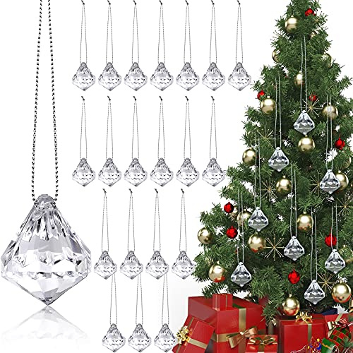 Mimorou 60 Pieces Acrylic Crystal Ball Ornaments Christmas Tree Decoration Hanging Acrylic Diamond Pendant Bead Ornaments with Silver Thread for Xmas Tree Winter Christmas Party Supplies(Clear Color)