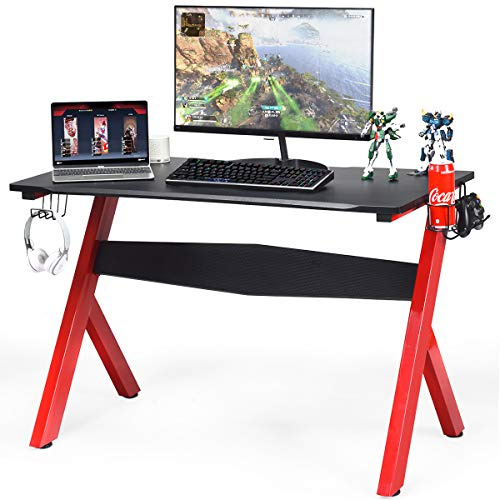 COSTWAY Bureau Gamer 60 x 115 cm, Tapis de Souris, Support pour Ecouteurs et Support pour Tasse, Porte-Gobelet, Surface en Fibre de Carbone et Cadre en Acier, Table de Gaming pour E-Sport, Noir+Rouge