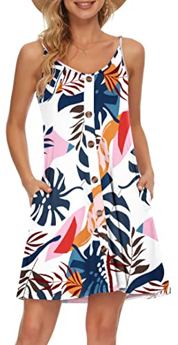 AUSELILY Femmes Robe D'été Bretelles Spaghetti Boutonné Col en V Décontracté Plage Robe De Couverture avec Poches