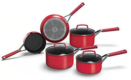 Ninja Foodi ZEROSTICK Vivid Menaje de cocina 5 piezas (3 cacerolas, cazo y sartén), aluminio y antiadherente, apto para lavavajillas, horno y todas las cocinas, incluido inducción, en rojo, C23000EU
