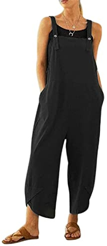 MZSYLK Womens Overalls Casual Loose Dungarees for Women Cotton Linen Sleeveless Strappy Casual Playsuit Trousers with Pockets Wide Leg Jumpsuit