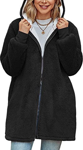 Xnova Women Oversized Hoodie Teddy Fleece Winter Coats Cardigan Full Zip Up Hooded Long Sleeve Warm Coat Sherpa Outwear with Pockets Ladies Fuzzy Solid Tops(Black,XL)