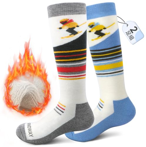 Findway 2 Paar Merinowolle Skisocken Kinder, Winter Snowboarding Atmungsaktive Thermosocken mit Über die Wade Design/Anti-Rutsch-Bündchen für Mädchen/Jungen für Outdoor-Sportarten