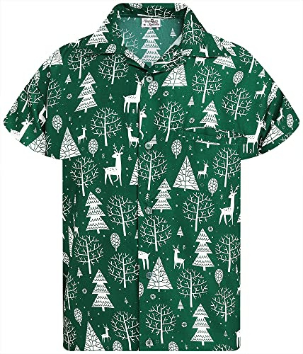 King Kameha Funky hawaii-skjorta för män, kortärmad, frontficka, Hawaii-tryck, X-Mas, jul, ren, jultomte, snötryck, Reindeer Allover Grün, 6XL