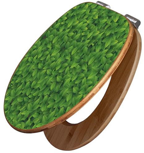 banjado Design WC Sitz Bambus Absenkautomatik 45,8x37,5cm / Toilettendeckel mit Absenkautomatik Holz/hochwertiger Bambus Klodeckel/WC-Sitz für gängigen Toiletten/Motiv Grüne Blätter
