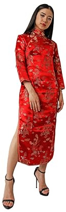 Costumizate! Kimono o Qipao Color Rojo con Manga Larga. Vestido Oriental para Mujer. (S)