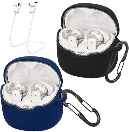 easyBee Custodia compatibile con JBL Tune Flex TWS, con 2 moschettoni, 2 cinghie anti-perdita, custodia in silicone liquido, ultra sottile, antiurto, custodia per cuffie Bluetooth, colore: nero e blu
