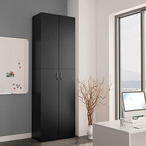 Armadio per Ufficio, 60x32x190 cm con 5 Ripiani e 2 Ante in Legno Multistrato Nero, Mobile di archiviazione per Documenti e Accessori Ufficio