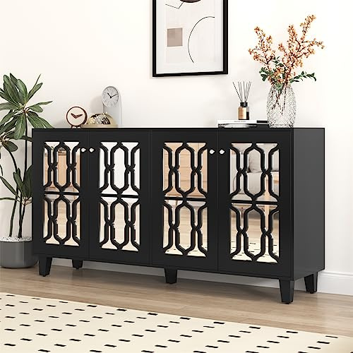 Sweiko Kommode mit 4 Türen, Türkommoden mit Kristallgriffen, Sideboard mit Verstellbare Ablage, Schubladenkommode Holz Mehrzweckschrank für Flur Schlafzimmer Wohnzimmer Badezimmer Schwarz