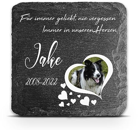TULLUN Individueller Personalisiert Natürlich & Einzigartig Tiergrabstein Schiefer Gedenkstein für Hund, Katze, Kaninchen und andere Haustiere - Größe 10 x 10 cm - Herz Foto