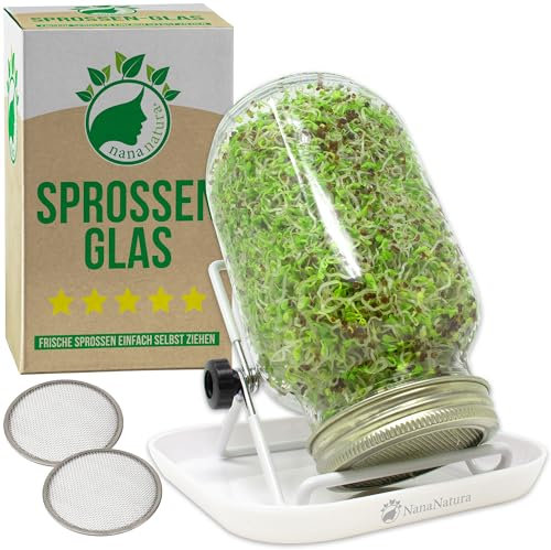 NanaNatura Sprossenglas Keimglas Set | Perfekt zum Sprossen ziehen | inkl. Edelstahl-Gitterdeckel, Ständer & Keimschale