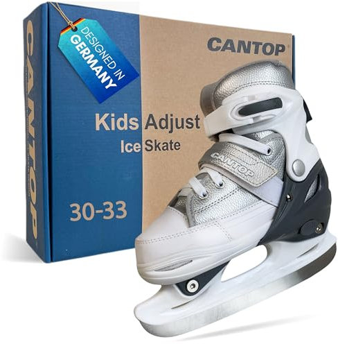 EXPLORER Cantop Schlittschuhe Kinder verstellbar Größe 30-33 für Jungen, Mädchen, Damen und Herren Eishockey Schlittschuh im Sneaker Design in Silber Weiß