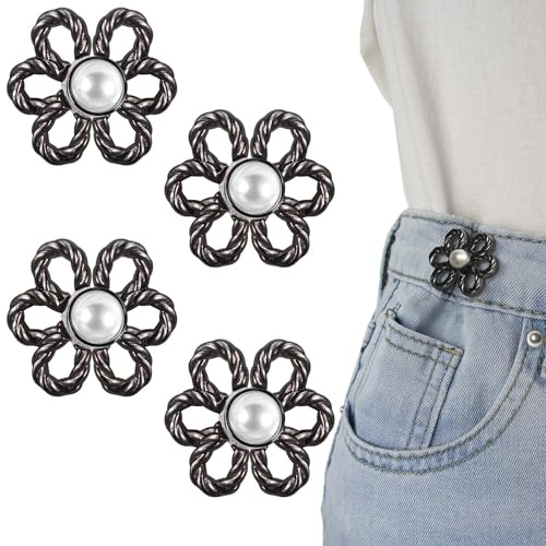 Richluck 4 Paare perfekte Passknöpfe, schwarze Blumenjeans Taille Strahlung, verstellbare und dekorative Taillenklammern Clips
