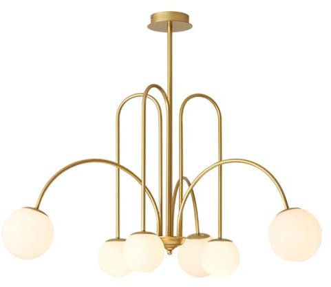 Modern Pendelleuchte Moderner Kugel-Glas-Kronleuchter, gebürstetes Messing, Metall-Pendelleuchte mit verstellbaren Stangen, hängende Deckenleuchte for Küche, Esszimmer, Wohnzimmer, Schlafzimmer, Foyer