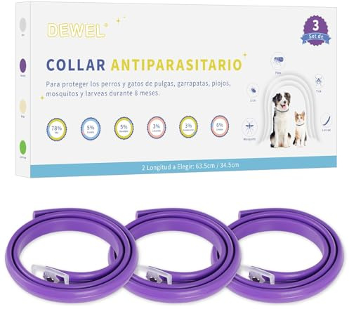 DEWEL Collares Antiparasitarios, Collares contra Pulgas y Garrapatas para Perros y Gatos, Collares Antipulgas Ajustable para Mascotas (Morado, 63.5 cm)