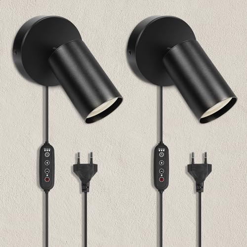 HOTUT Applique murale intérieur, 2 pièces Lampe murale GU10 avec interrupteur et prise, pivotante 350° Spot mural vintage Industrielles, Lampes de lecture de lit pour salon, chambre, bureau