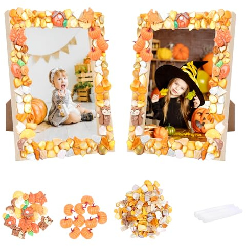 DKINY 2PCS Herbst Mosaik Bilderrahmen Bastelset Kinder Holz Fotorahmen | Mosaiksets mit Kürbis Ahornblatt Eichhörnchen Pilz Mosaiksteine Basteln DIY Holzrahmen Kreativsets Geschenk für Kinder Herbst