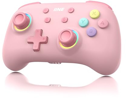 IINE Kabelloser Controller für Switch/PC/Android/IOS, Niedlicher Gamepad mit RGB-Beleuchtung, Mini Pro Controller mit Turbo/Makro/NFC Amiibo/Bewegungssensor/Wake-Up/Rumble (Pink)