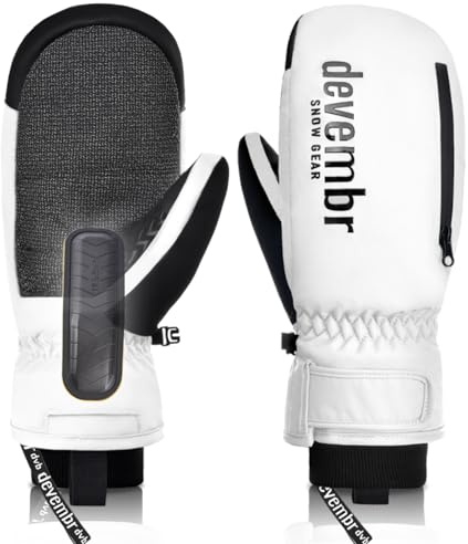 devembr Ski Mittens with Wrist Guards and Undercuff Design, Snowboard Mittens Touchscreen, White, M