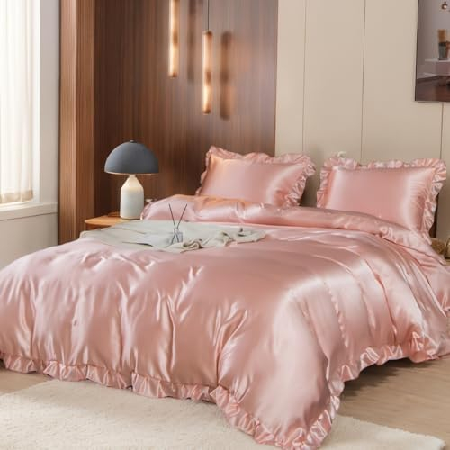 Nayoroom Bettwäsche 135x200 Rosa Seidentuch Rüschen Bettwäsche-Sets 2 Teilig Altrosa Luxus Mako Satin Bettbezug GlänzendAesthetic Seidenbettwäsche mit Reißverschluss und Seidenkissenbezug 80x80 cm