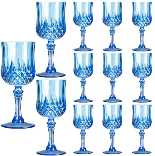 XKXKKE 12 Pcs Blue Plastic Wine Glasses, Blue Plastic Goblets for Parties, Blue Drinking Glasses for Wedding Reception, Grand Event Party Supplies