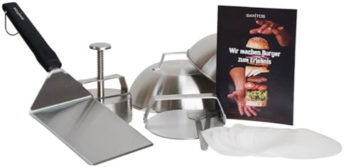 SANTOS Burger Set - 10-teilig: Edelstahl Presse, Wender, Smasher, Schmelzglocken & Spieße für perfekte Burger - Ideal für BBQ & Grillpartys