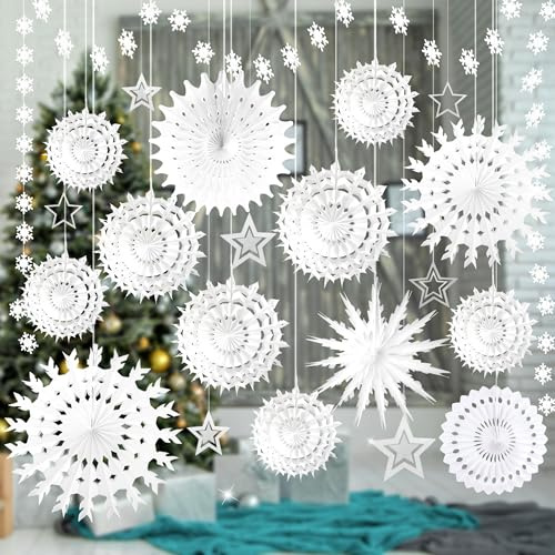 WNSIRVY 21 Pcs White Snowflake Decorations Christmas Paper Hanging Fans Decor Winter Wonderland Party Decorations with Frozen Snowflake Garland Star Hanging for Xmas Winter Wedding Birthday