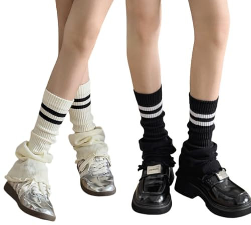 AKAMAS 2 Paar Schwarz Weiße Damen Weich Gestrickte Stulpen,Y2K Gestreifte Rüschen Beinwärmer,Ruffle Lose Leg Warmers für Cosplay Halloween,Sommer Dünne Beinstulpen,Lange Kniestrümpfe Beinlinge C