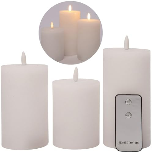 3er Set Led Kerzen 7,5cm ø Kerze flackernde Flamme mit Fernbedingung WEISS 15 cm + 12,5 cm + 10 cm Höhe, LED Kerzen mit Timerfunktion, 3 AAA Batterien nötig, LED Echtwachs Stumpenkerzen warmweiß