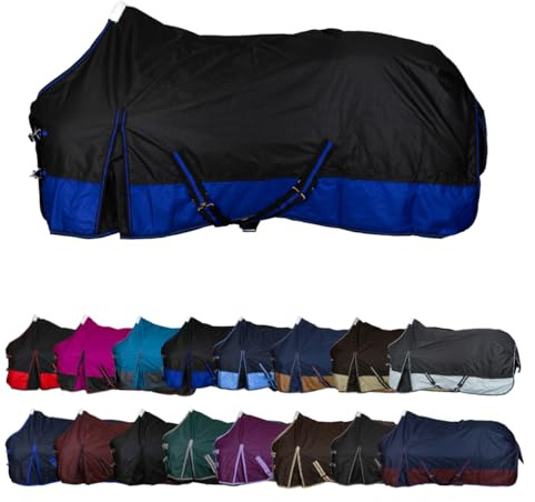 RL24 - Winterdecke Weidedecke 600D Basicline – atmungsaktive, Wind- & wasserdichte Outdoordecke mit Innenfutter & Kreuzbegurtung – Pferdedecke in Schwarz/Royalblau – 115cm (100g/m² Füllung)