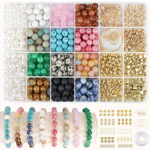 EUES 8mm Perlen für Armbänder,Perlen zum Auffädeln,Armbänder Selber Machen, Natürliche Steinperlen Armband Perlen，Perlen Set für Ketten DIY Schmuck (Gold-Accessoires)