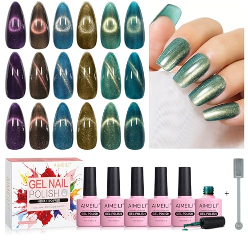 AIMEILI Magnetic Gel Nail Polish Set with Magnetic Stick, 6pcs Cat Eye Gel Nail Varnish UV LED Nail Art Manicure Pedicure, Easy to Apply 10ml - Gift Kit 72