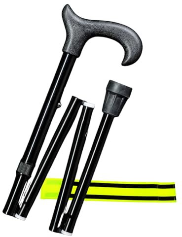 Gastrock Gehstock Faltstock 4-teiliger höhenverstellbar faltbar Uni-Ergonomic Derby – aus Aluminium mit ergonomischem Derby-Griff + Olanmarp Klettarmband mit Streifen (Schwarz)