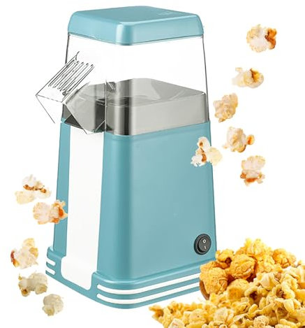 Electric Popcorn Maker,1200W Retro Hot Air Popper Machine, 360°Even Heating, 3 Min Fast Popping, Fat & Oil Free, Healthy Snacks, One Touch Visible, Pop Corn Popper for Home Party Movie Night blue