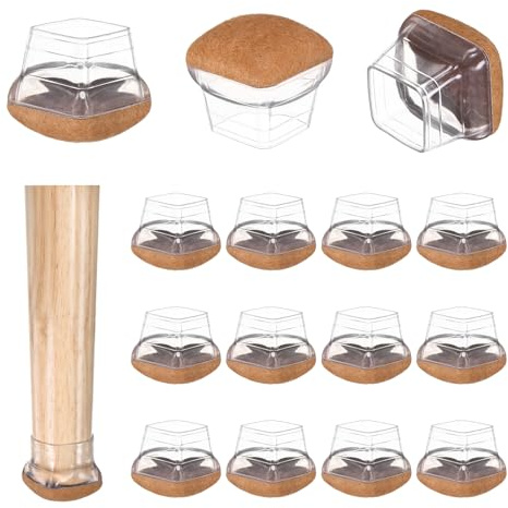 M METERXITY 16-Pack Chair Leg Floor Protectors, 1-1.25 Silicone Cups Square Felt Furniture Pads for Chairs/Tables in Hardwood Floors/Tile Floors, Chair Leg Covers [Transparent Brown]