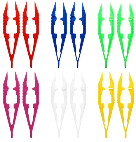 TRKETK 12 Pcs Plastic Tweezers, 10cm Reptile Feeding Tongs DIY Colorful Craft Tweezers Kids Tweezers Amphibians Feeding Tool for Bead Picking Fuse, Feeding Reptile, Kids Handmade DIY Crafts (6 Colors)