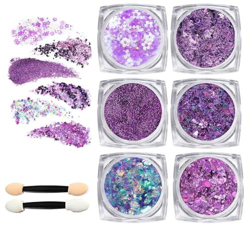 Guyode 6 Pièces Paillettes Cheveux, Gel Paillettes Visage Violet | Cheveux et Corps, Lumineuse, Glitter Visage Cheveux Ongles