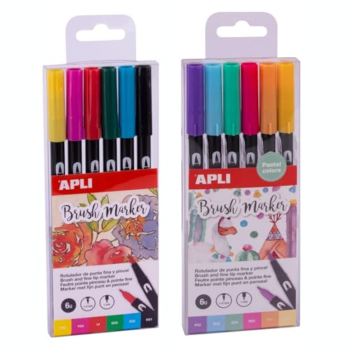 APLI 20289 - Pack de 12 brush markers de doble punta (redonda de 1 mm y pincel de 1-4 mm); rotuladores acuarelables en colores clásicos y pastel.