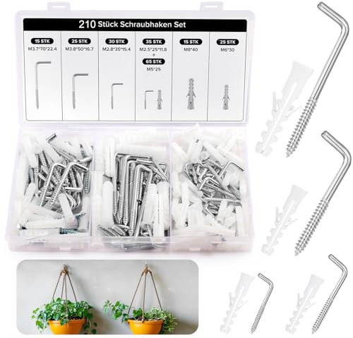 REJOECE 210 Pezzi Ganci a Vite Forma di L, Gancio a Vite Per Muro Acciaio Inox, Bianchi Gancio a Vite Forma di L Con Tubo di Espansione 3 Dimensioni, Per Appendere in Casa, Luogo di Lavoro, Ufficio