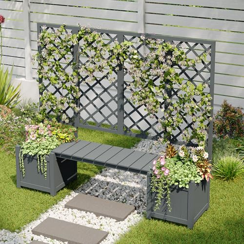 Gegtuon Blumenkasten Pflanzkasten mit Rankgitter und Sitz per Garten Balkon, Pflanzkübel aus Holz mit Spalier per Terrasse, Pflanzgefäß Hochbeet Outdoor als Sichtschutz per Hof, 169x145x42 cm, Grau