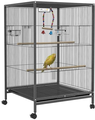 PawHut Jaula para Pájaros con Ruedas, Pajarera de Acero con Perchas, Columpio Bandeja Extraíble y Cuencos de Acero Inoxidable, Jaula Grande para Loros, Canario, Periquito, 48x46x78 cm, Gris