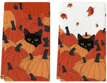 Artoid Mode Schwarze Katze Kürbisse Herbst 42x65 cm 2er Set Geschirrtücher | Saisonal Blätter Fall Polyester Küchentücher Handtücher Küche Dekor