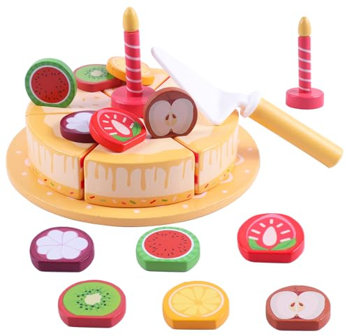 Holz Kuchen Spielzeug Essen Set, Geburtstagstorte zum Schneiden, Rollenspiel Lebensmittel für Kinder ab 3 Jahre