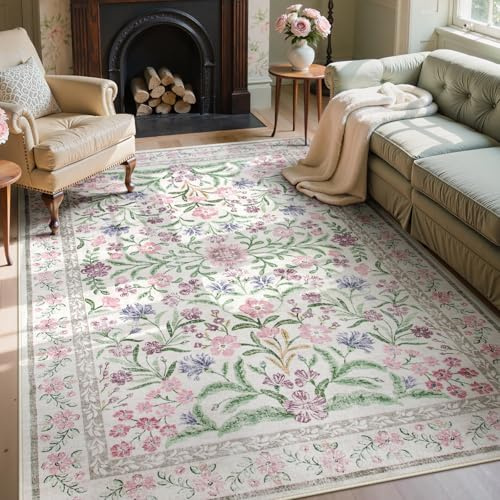 Wonnitar Floral Purple Rug for Bedroom, Washable 5x7 Area Rugs for Dorm, Boho Soft Non Slip Ultra-Thin Indoor Floor Carpet for Kids Room Nursery Living Room Classroom, Light Purple/Pink