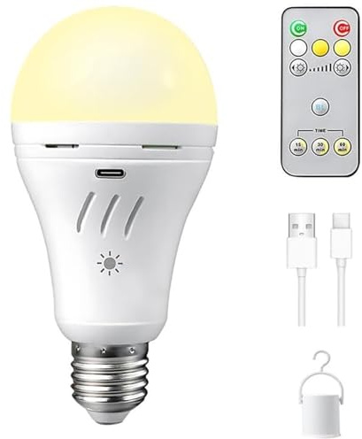 A19 Rechargeable Light Bulbs with Remote,USB & E26 Socket Dual Charging,3 Colors LED Dimmable,Touch,Hardwired & Non-Wired, Battery Operated Backup Light Bulb for Power Outage Camping Outdoor Hurricane