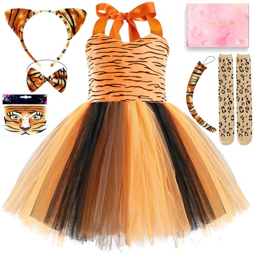 TOSZOLY Costume Animali Bambina, Vestito Principessa Bambina con Gonna Tutu, Cerchietti Orecchie, Vestito Halloween Bambina Animali per Compleanno Feste a Tema Carnevale Cosplay (120, Tigre)